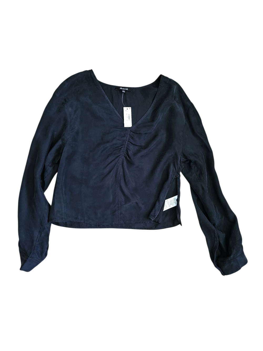 Madewell Black V-Neck Long-Sleeve Ruched Front Top, NWT